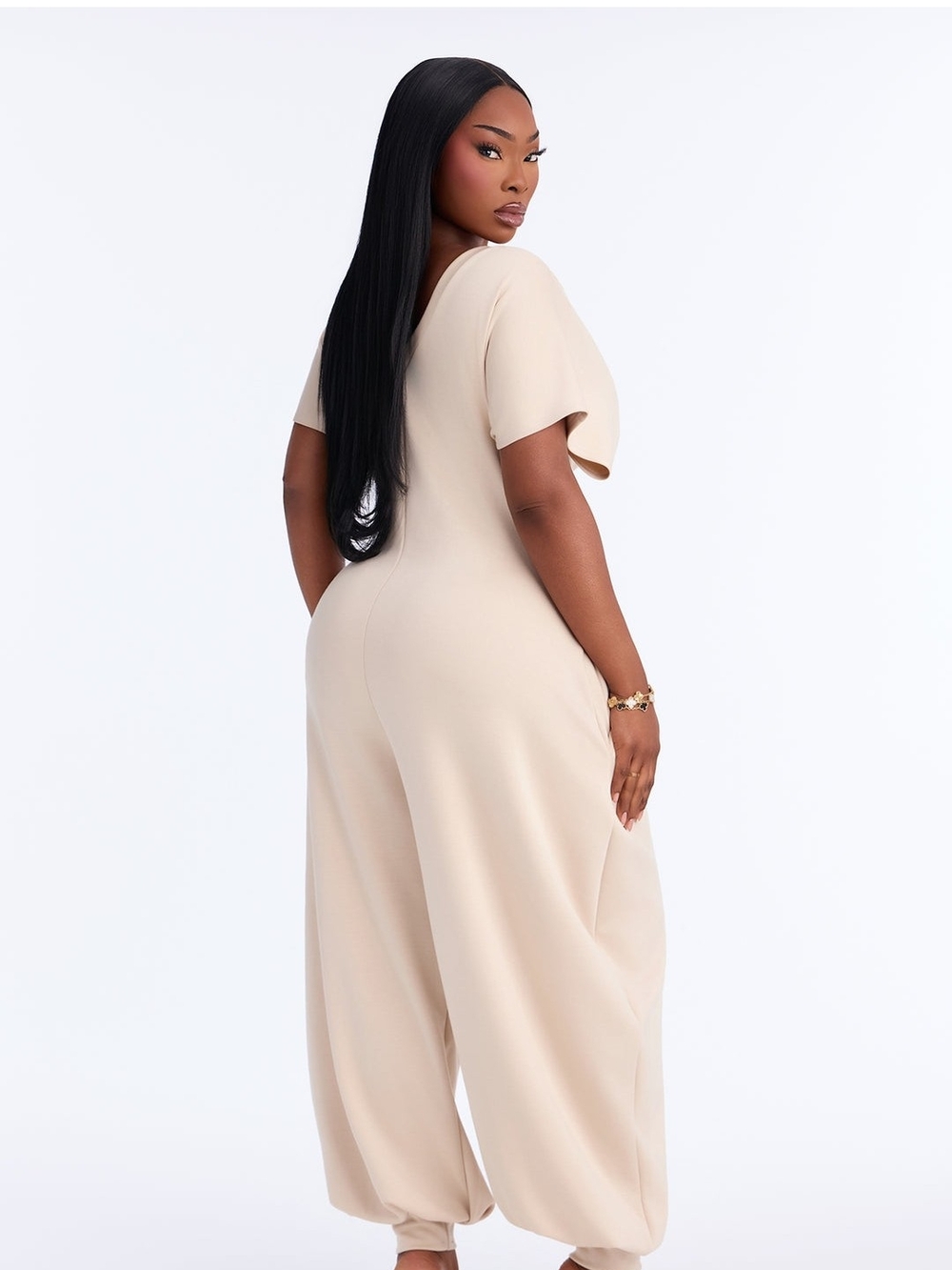 Fashion Nova Beige V-Neck Wide-Leg Jumpsuit - Picture 2 of 3
